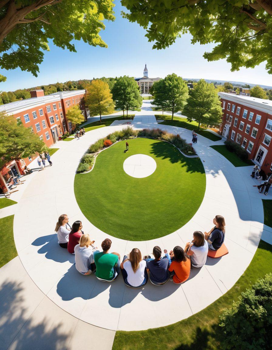A vibrant, welcoming campus scene where diverse first-year students engage in meaningful conversations, illustrating connection and friendship. Include visible campus landmarks and greenery, with students sitting in a circle sharing stories. Emphasize warmth and positivity, showcasing a sense of belonging and support. super-realistic. vibrant colors. white background.