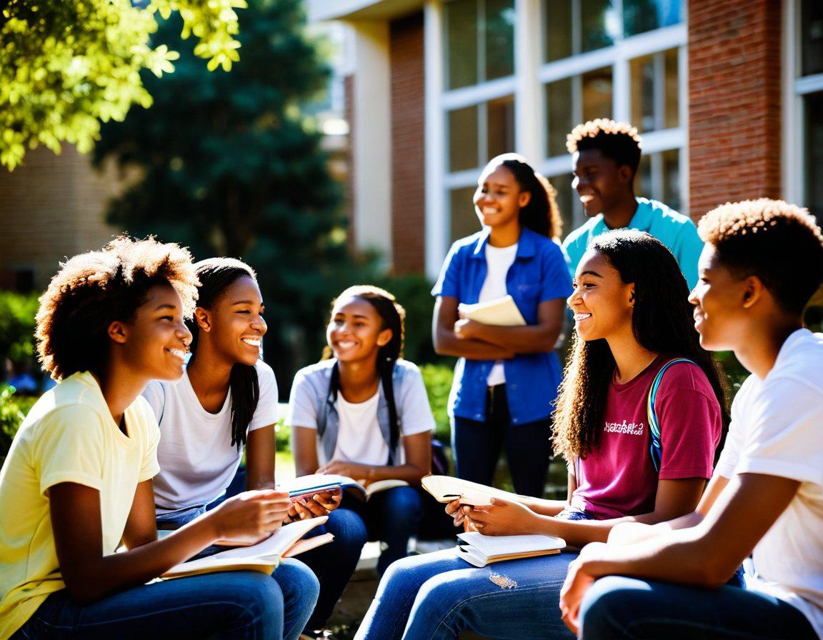 A group of diverse high school students sitting together in a sunlit school courtyard, engaged in supportive conversations, with one couple sharing a light moment, surrounded by books and school supplies. Their expressions should convey warmth and friendship, with vibrant foliage in the background to symbolize growth. super-realistic. vibrant colors. soft focus.