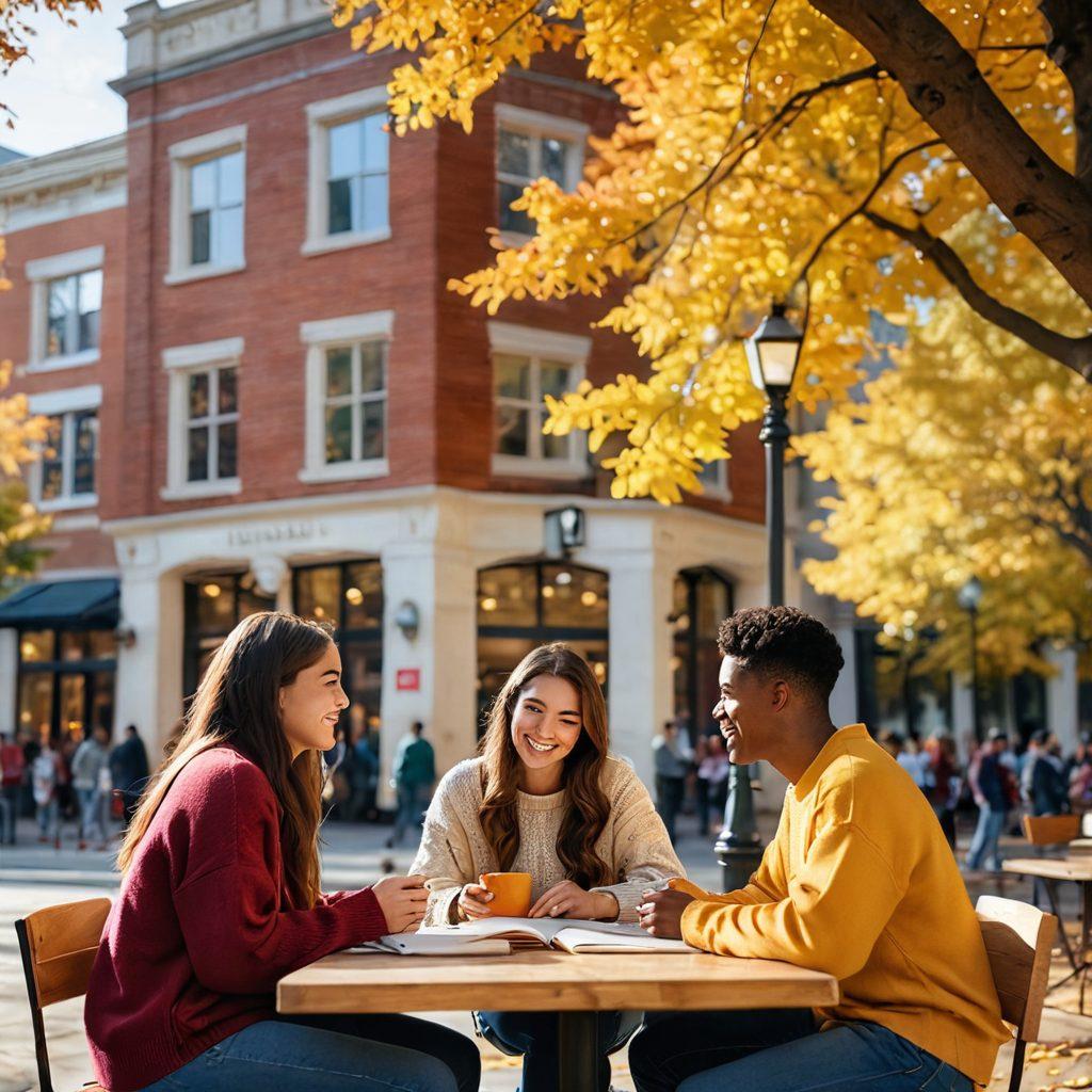 A vibrant college campus scene featuring diverse groups of students engaging in friendly conversations and laughter. In the foreground, a couple shares a sweet moment, symbolizing first love amidst the backdrop of a bustling cafe. Colorful leaves in autumn, cozy sweaters, and books scattered around enhance the warm, inviting atmosphere. The image conveys a sense of connection and growth in college relationships. super-realistic. warm colors. 3D.